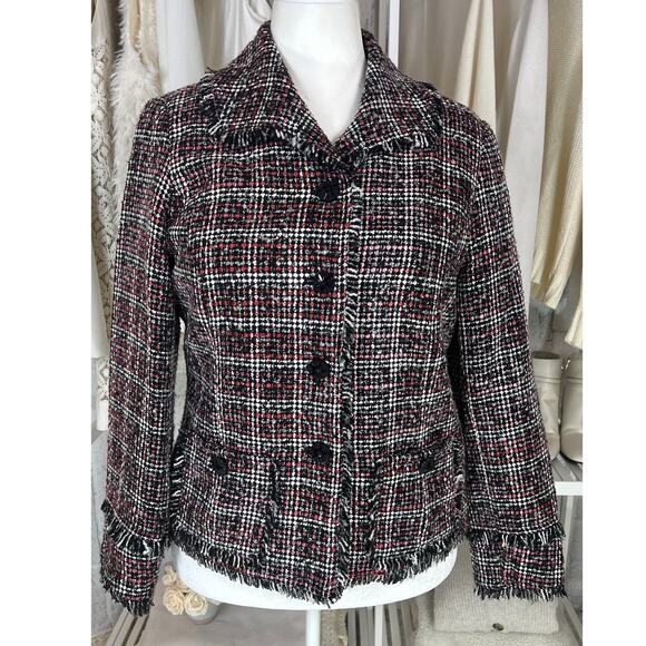 Chico's Women's Size 12 Black Gray Pink Button Up Fringe Hem Jacket Blazer #0591 - Picture 1 of 14